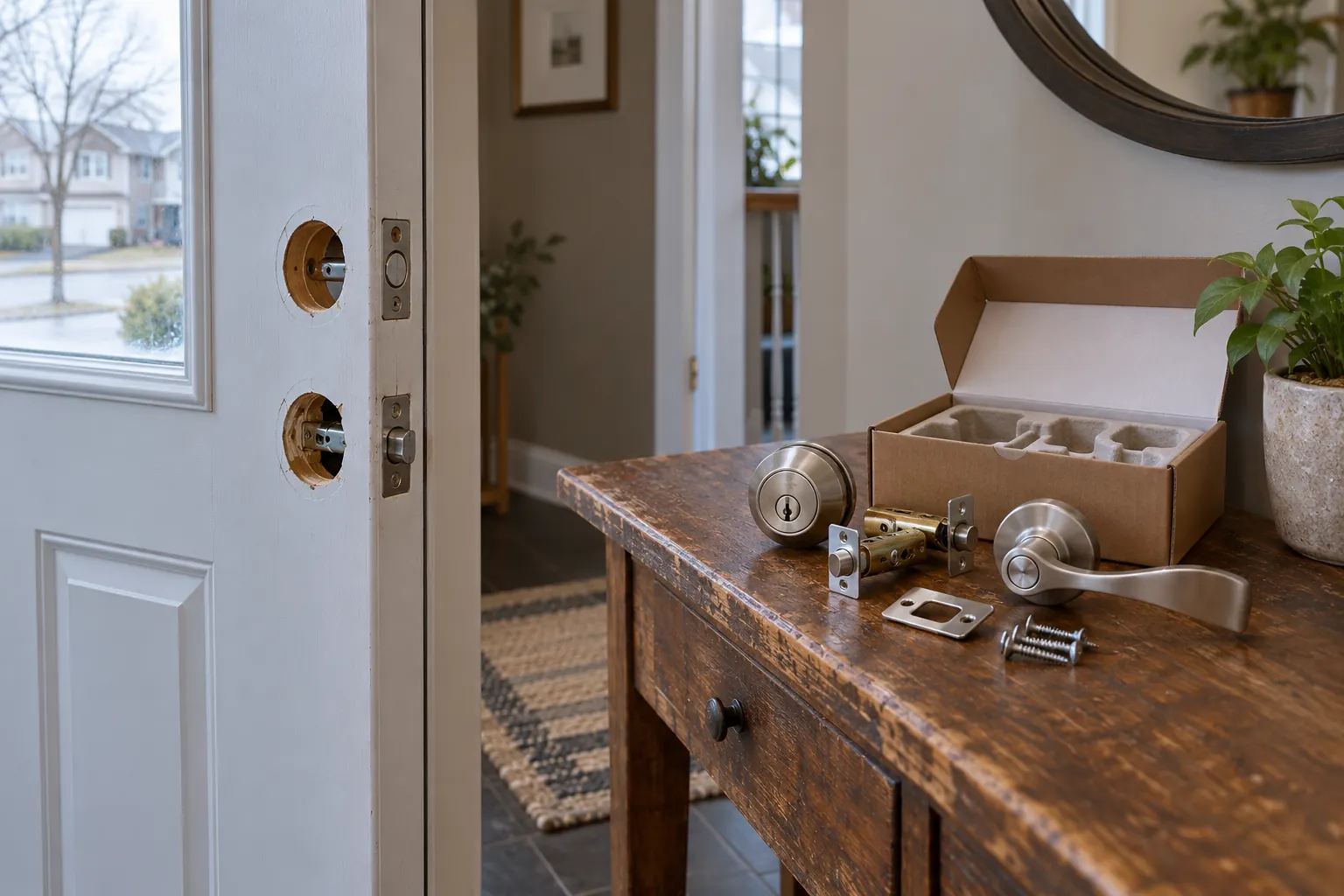 Newly fitted lockset on a front door