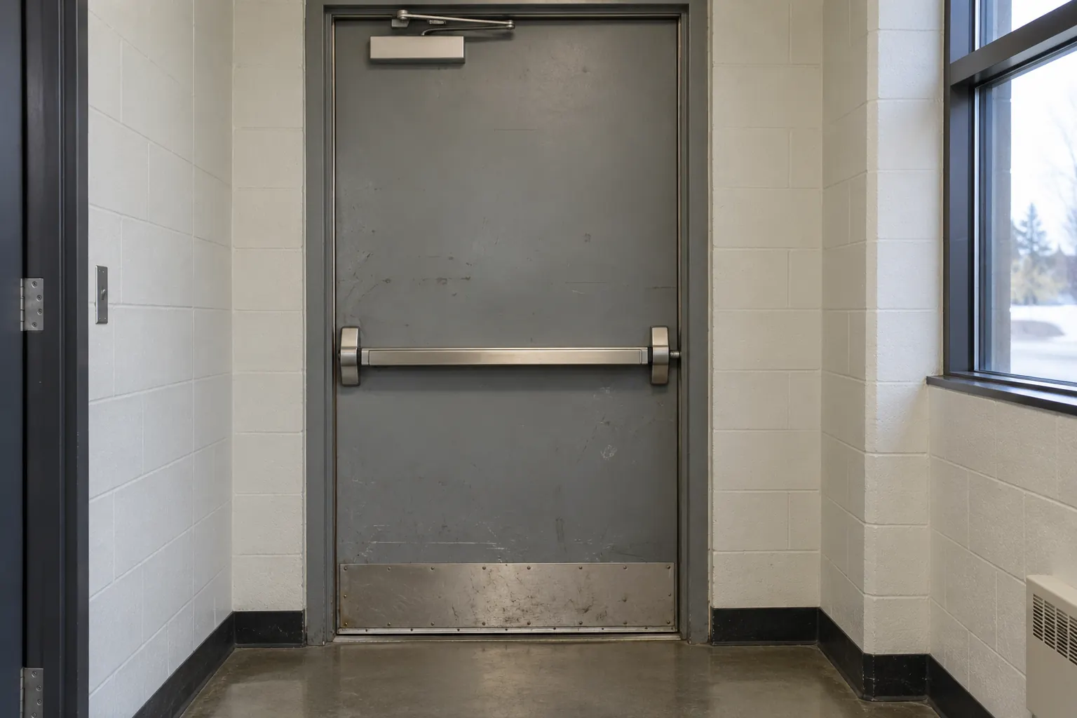 Steel emergency exit door with a push bar
