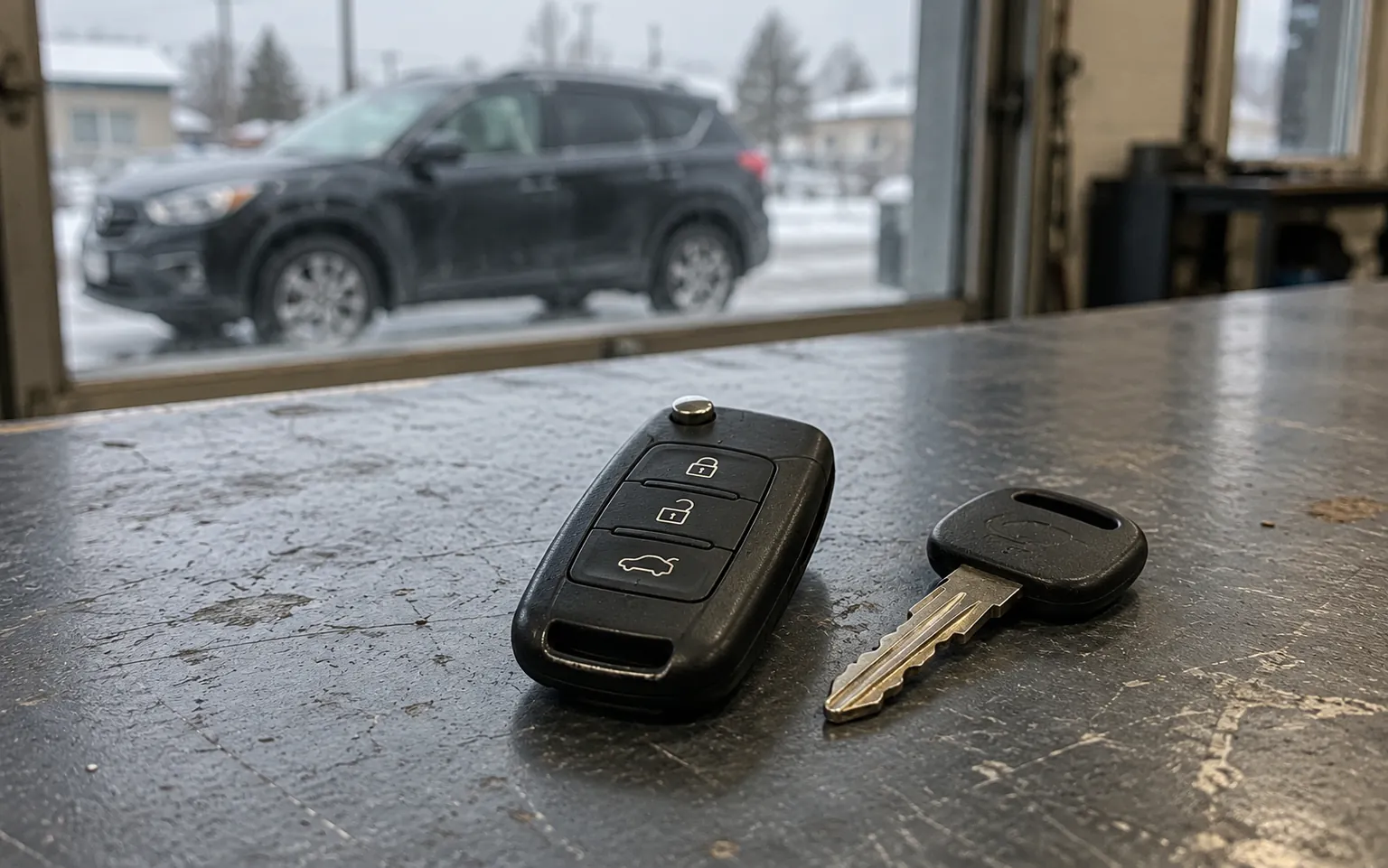 Car remote fob next to a spare key