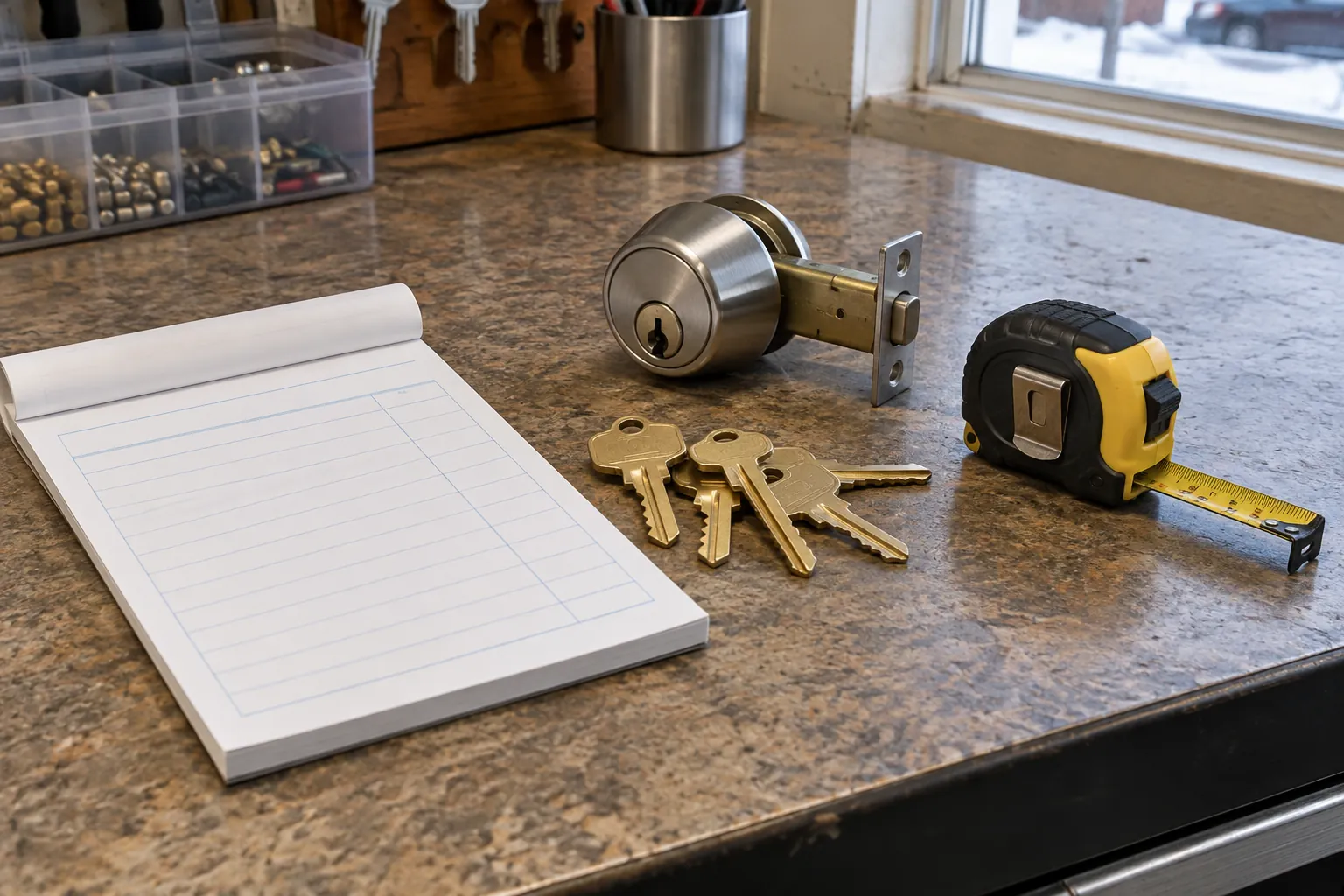 Keys and locksmith tools on a workbench