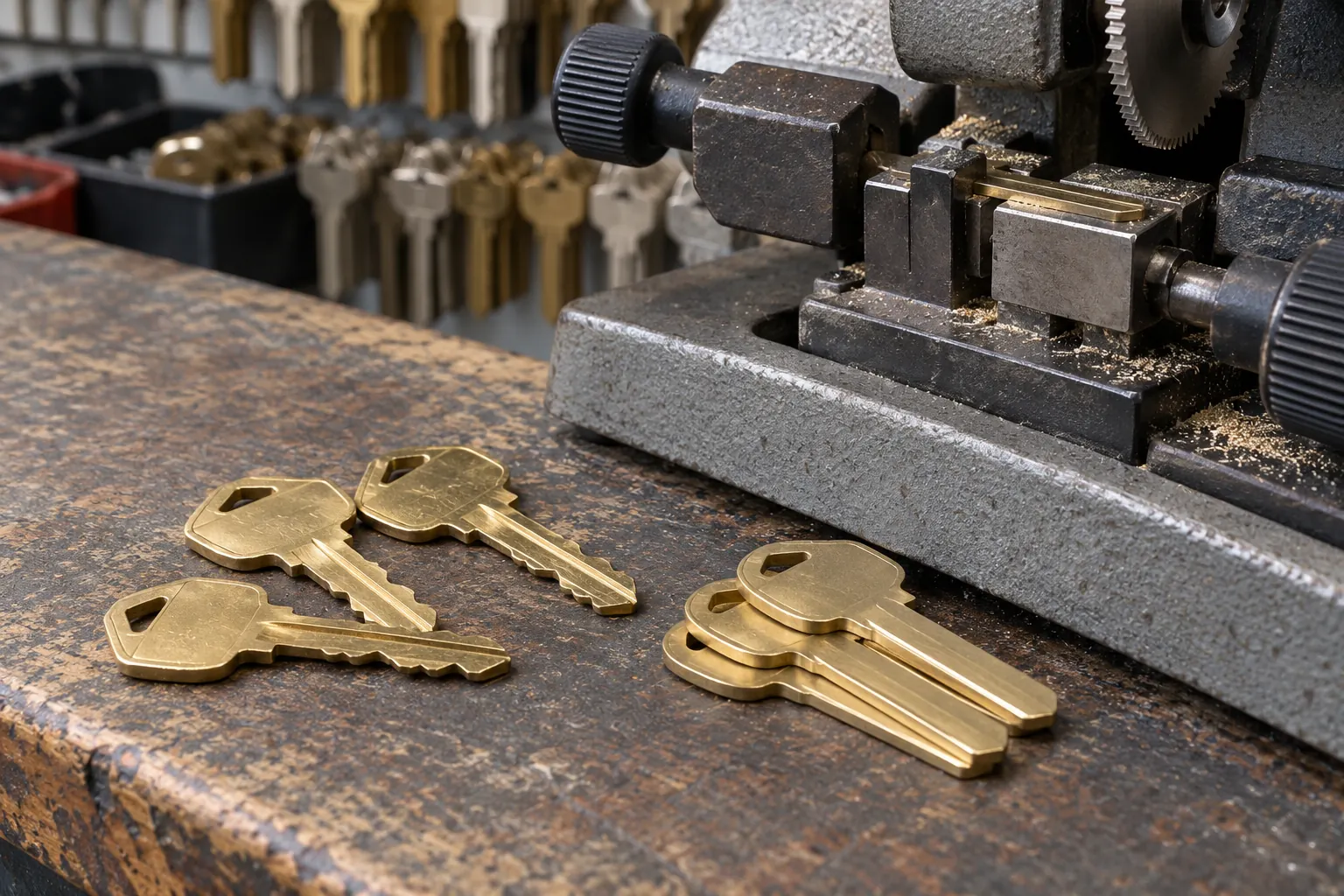 Brass keys next to a key-cutting machine