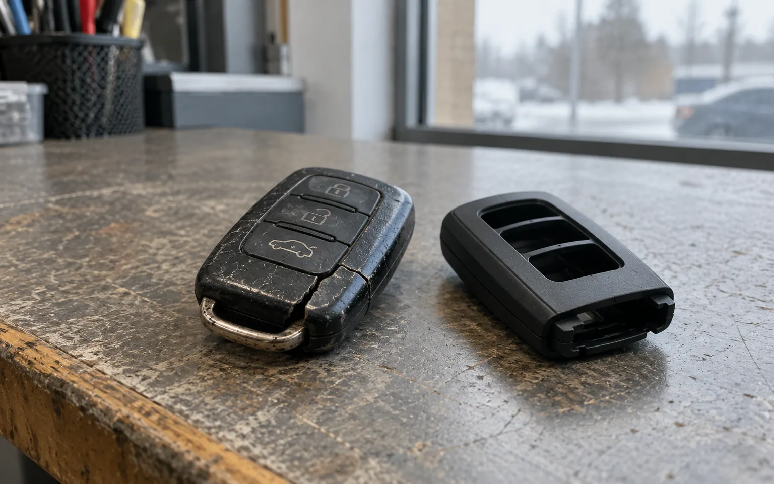 Worn car key fob beside a replacement shell