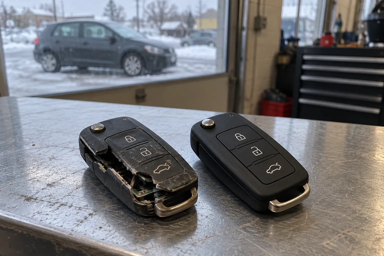 Damaged key fob next to a new key