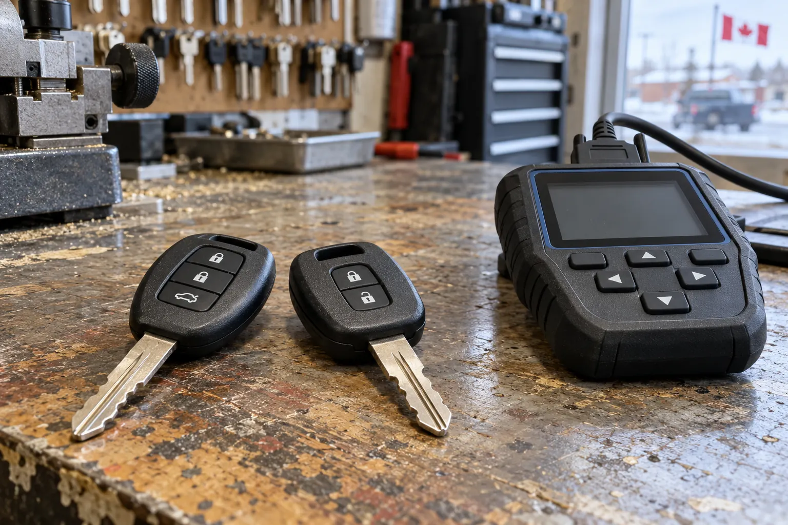 Car keys beside a diagnostic programming tool