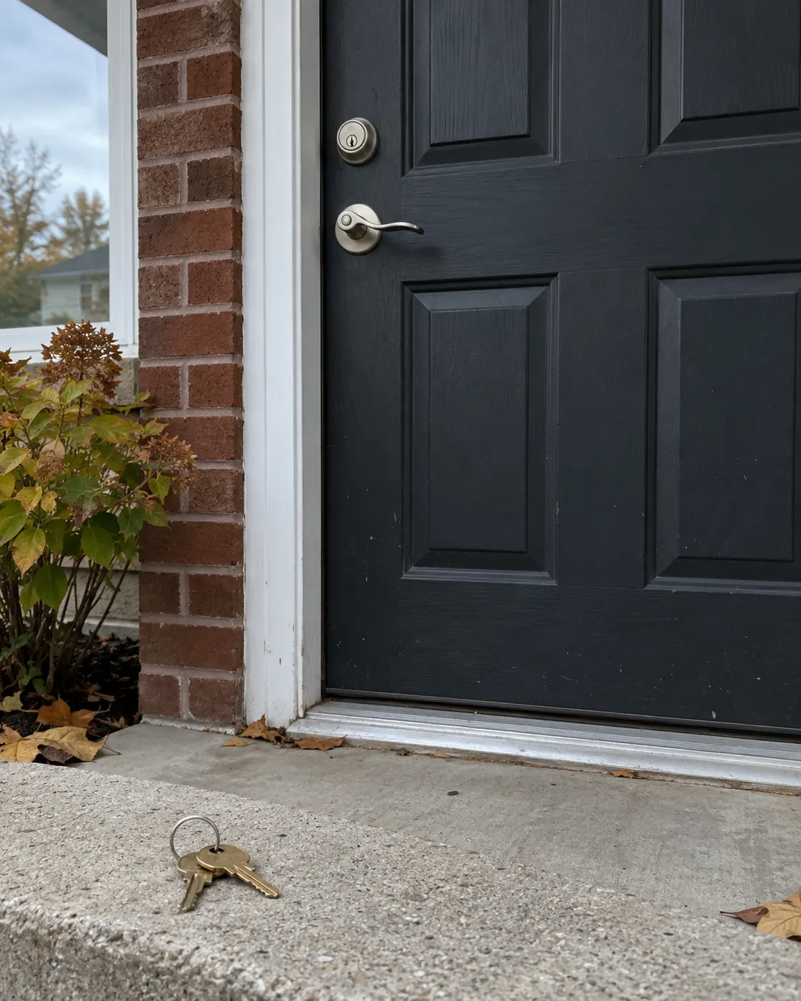Front door of a Canadian home with a set of keys and a deadbolt