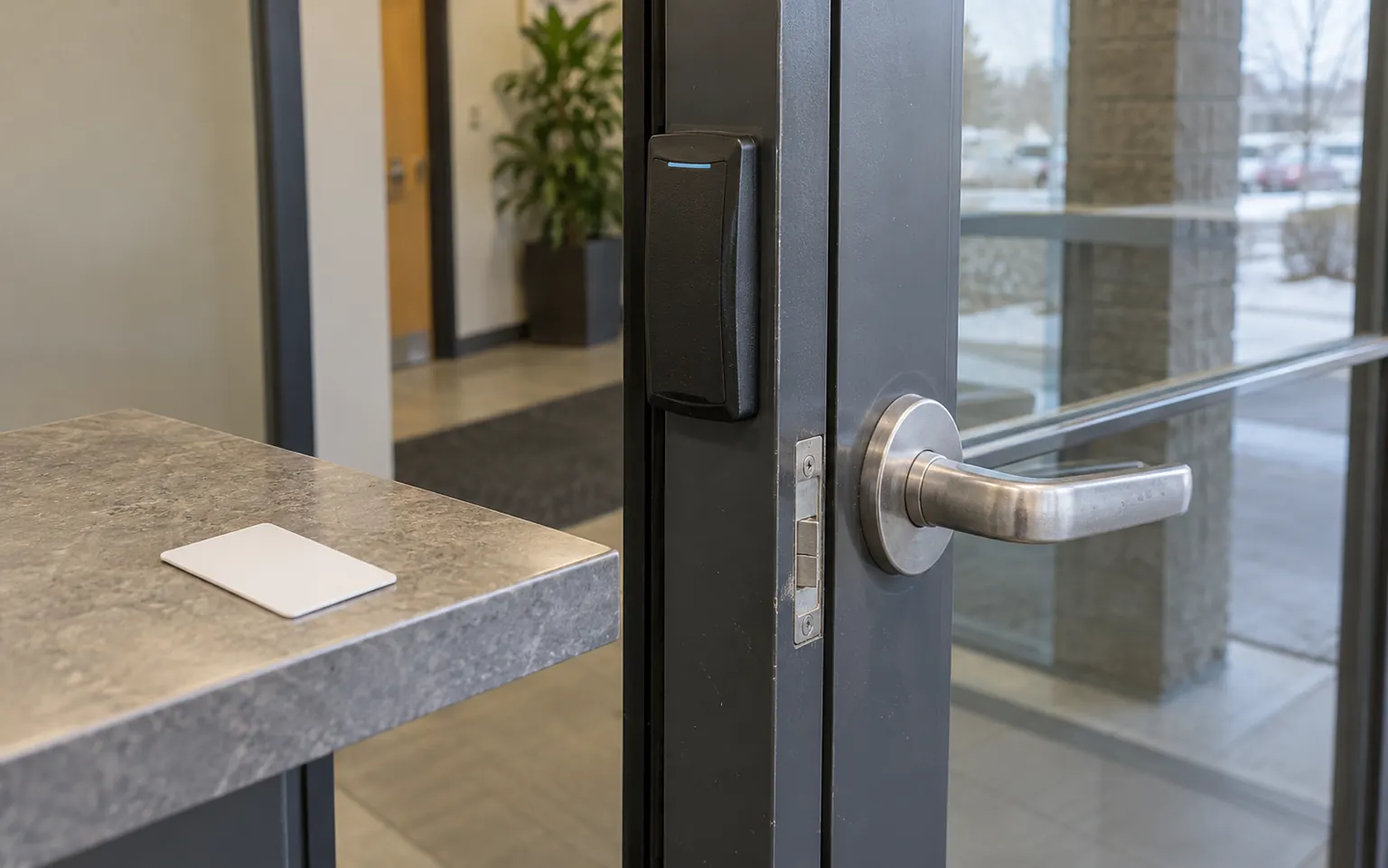 Card reader beside an office door