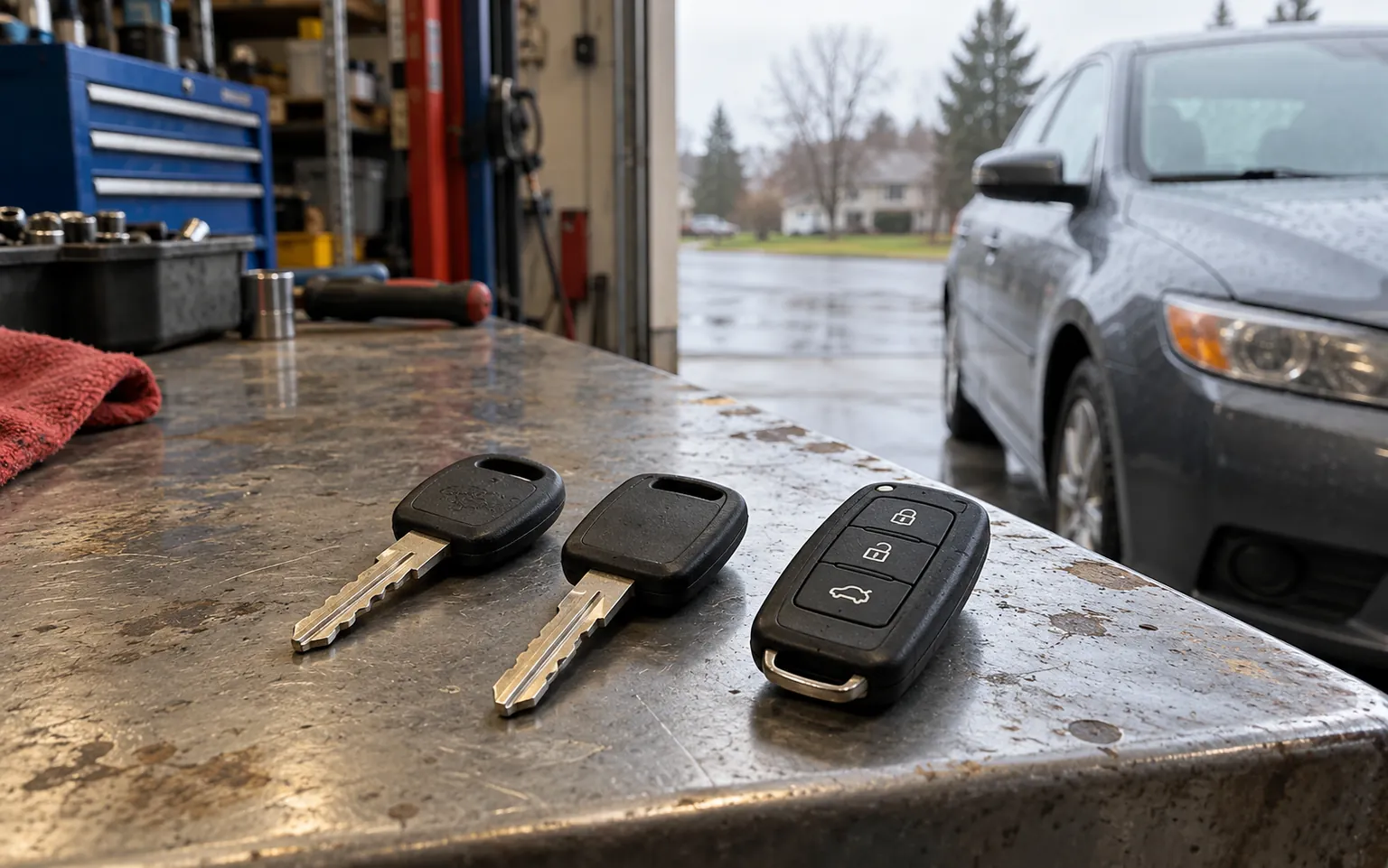 Car keys laid out on a workbench