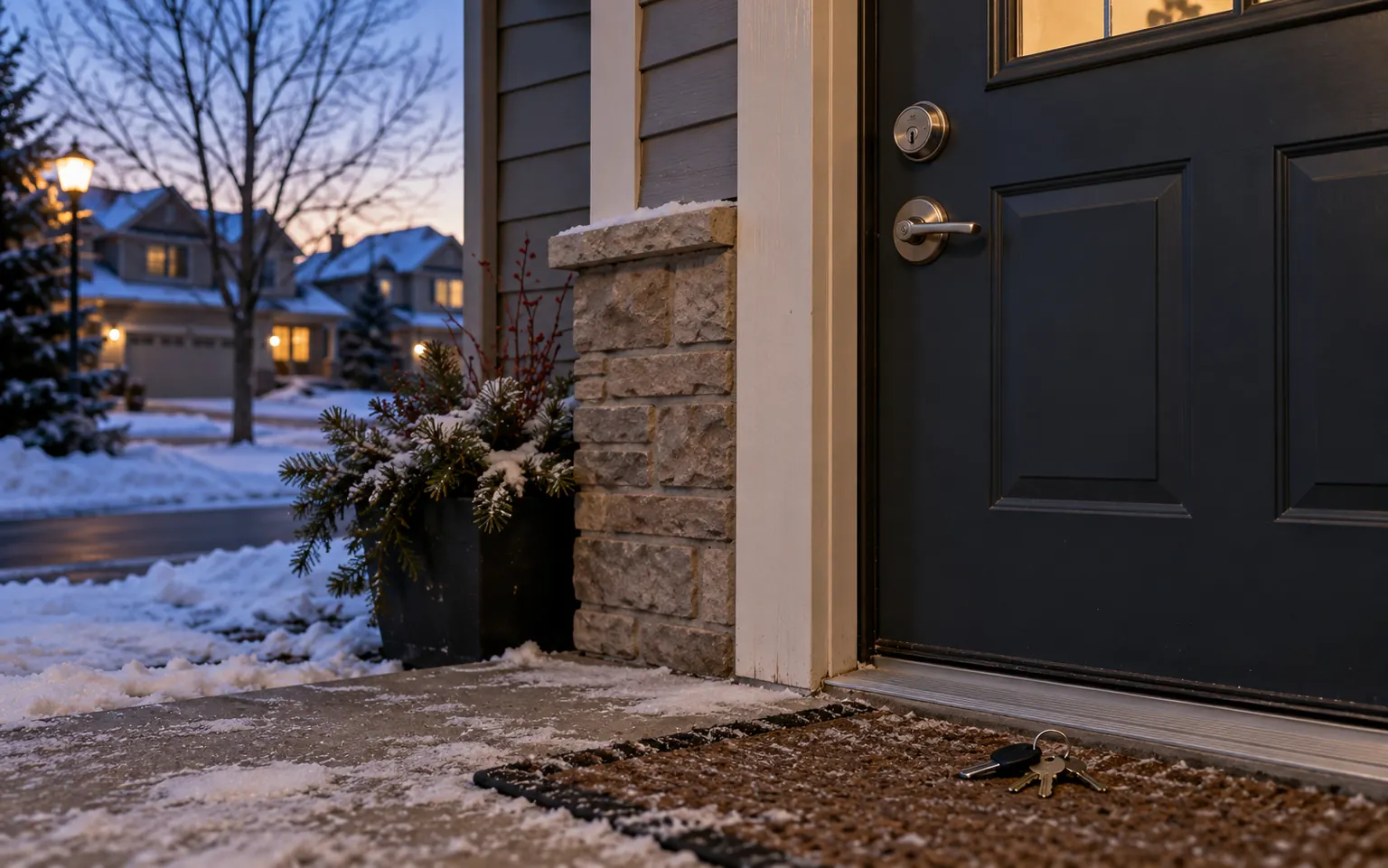 Front door with keys and a deadbolt