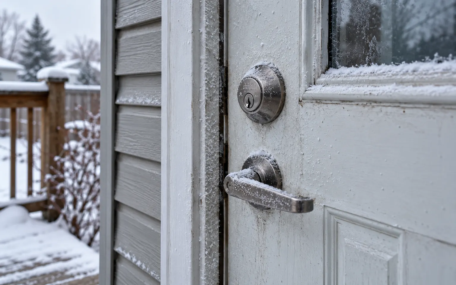 Frost-covered lock on an exterior door