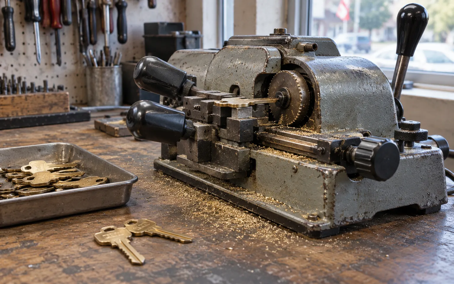 Brass keys on a key-cutting machine