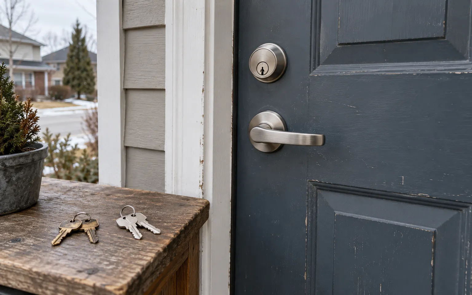 An old and a new set of keys beside a lock cylinder