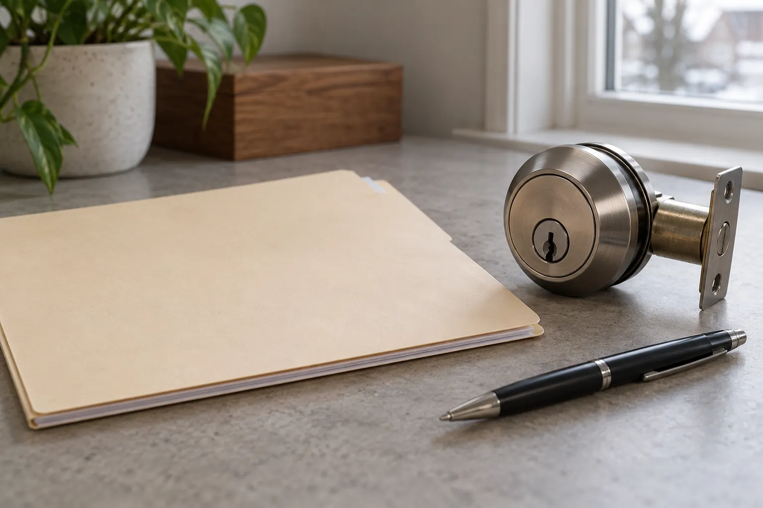 Folder and a lock cylinder on a desk